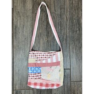Patchwork style Tote Bag‎ Shoulder Bag Pink Floral Gingham Unique Purse